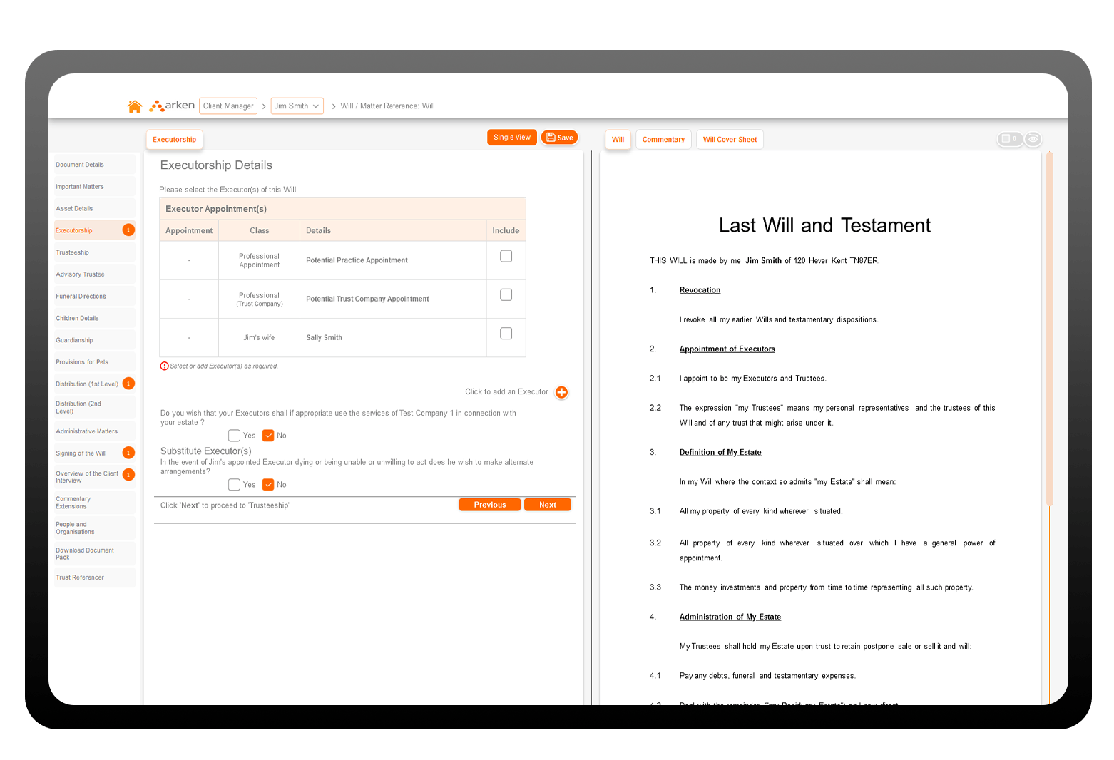 Will Writing Software screenshot showing intelligent questionnaire